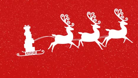 animation of snow falling over presents in sleigh with reindeer on red background