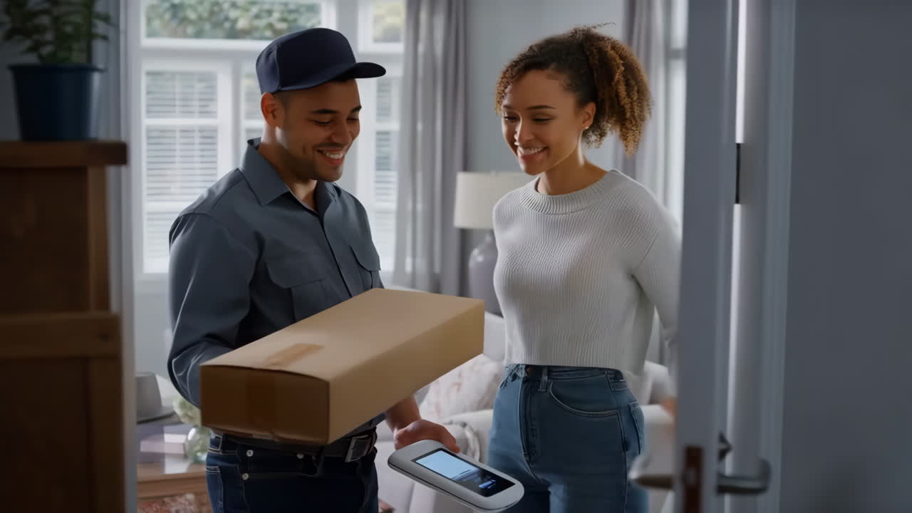 Customer receives and signs for a package from a delivery person