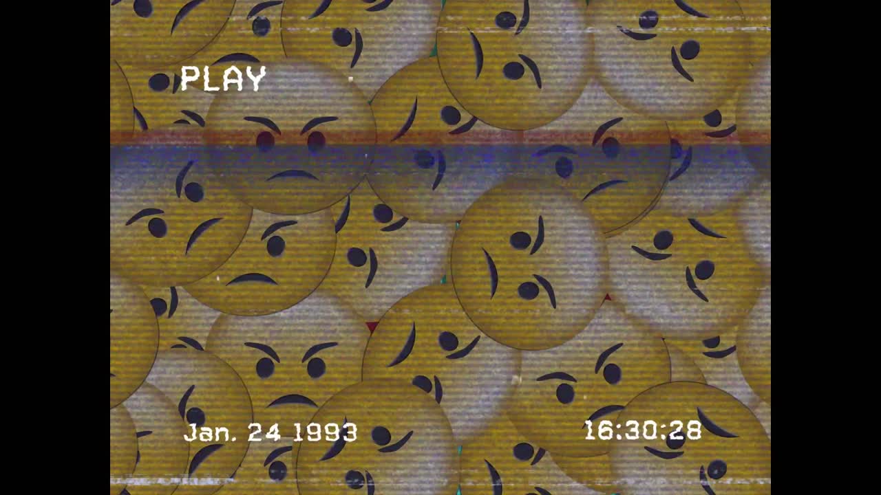 animación digital del efecto de falla de vhs sobre múltiples emojis de cara enojada en un fondo negro