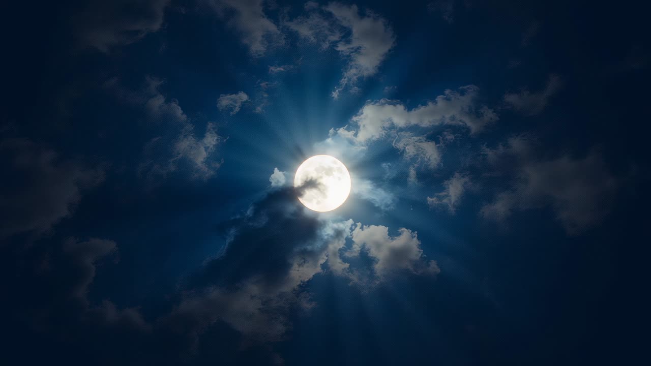 Driving gentle breeze moving wispy clouds across centered full moon in night sky, radiating beams
