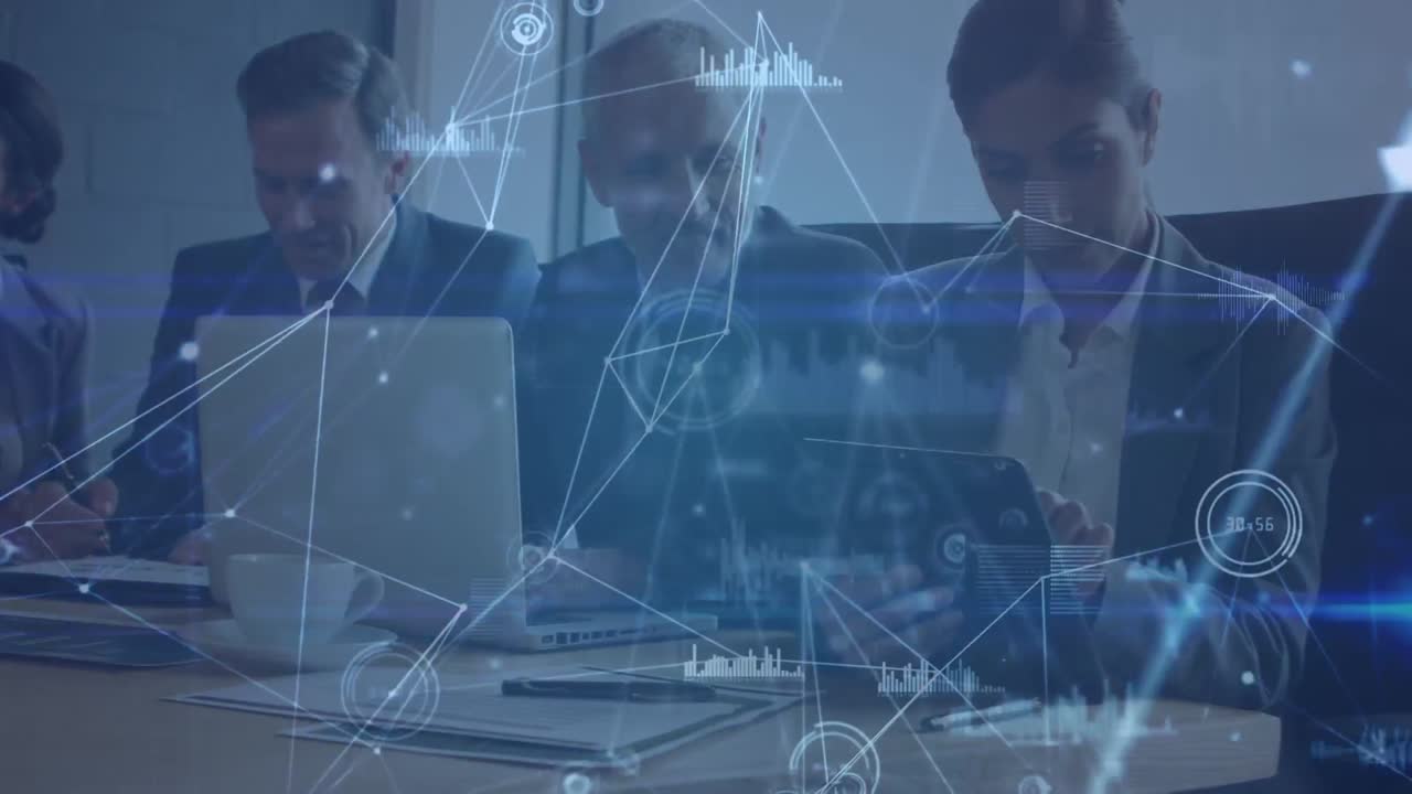 Animation of network of connections over diverse businesspeople talking and working