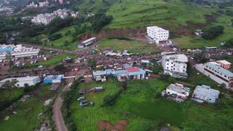 aerial view of the crowd of hindu devotees taking on foot journey around the spiritual mountain of brahmgiri in trimbakeshwar, nashik, maharashtra, india