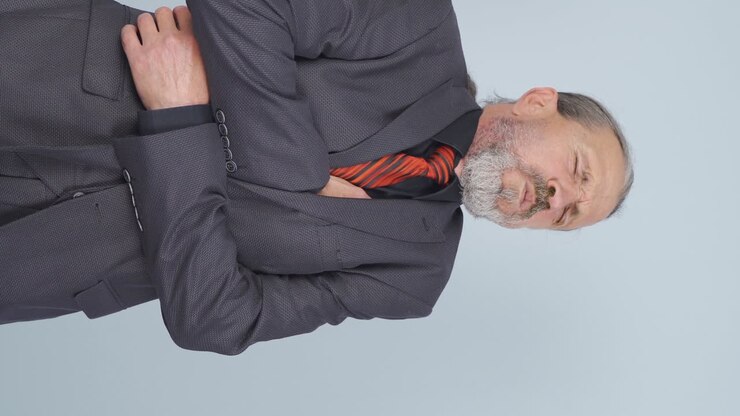 Vertical video of Old businessman having a heart attack.
