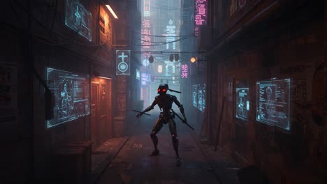 a futuristic cybernetic being stands guard in a neon-lit alley, surrounded by holographic displays and flickering signs in a dystopian urban environment