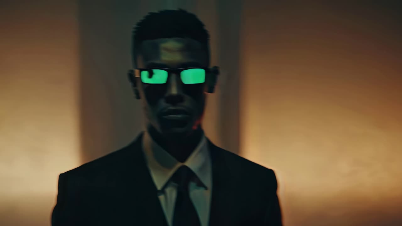 Professional executive standing in shadowy interior, wearing tailored suit and high tech illuminated eyewear, radiating technological sophistication and enigmatic presence