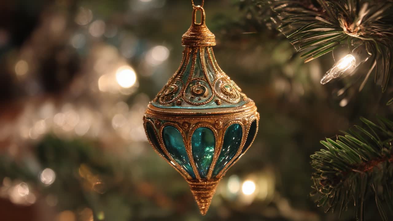 A Stunning Collection of Ornate Blue and Gold Christmas Ornaments Captured in a Beautiful Holiday Setting with Twinkling Lights and Lush Greenery