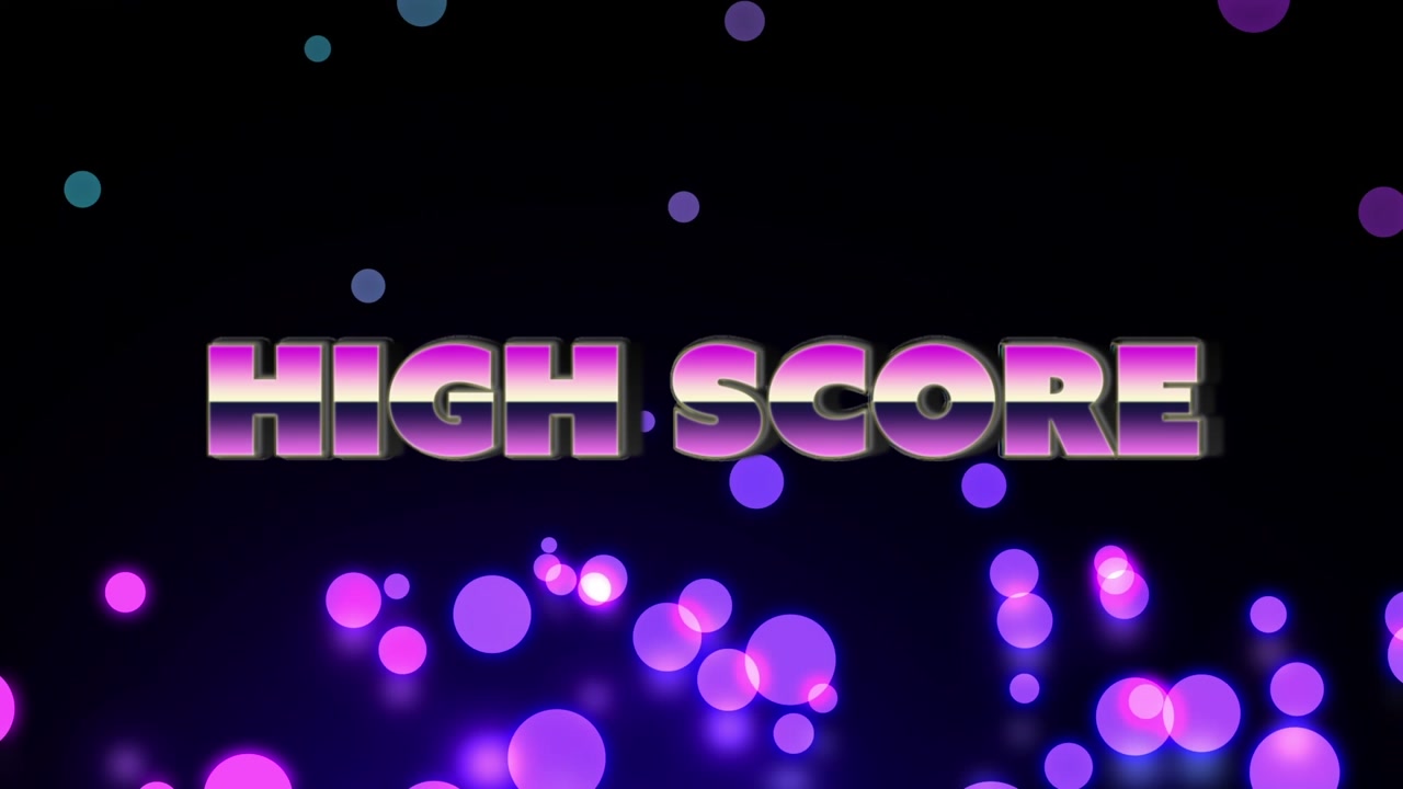 Animation af teksten 'High score' i lyserøde metalliske bogstaver over lyspletter
