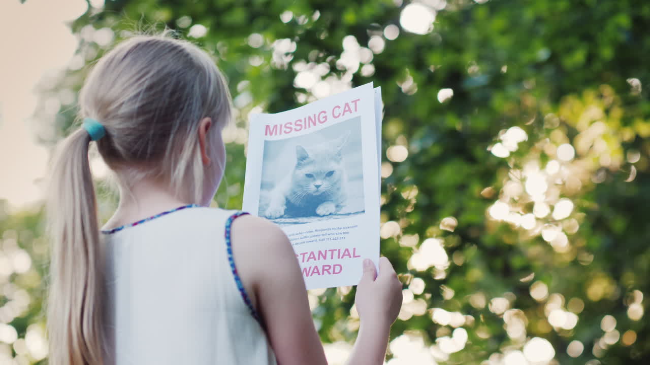 Il bambino cerca il suo animale domestico smarrito, in piedi nel parco con l'annuncio della scomparsa di un gatto.