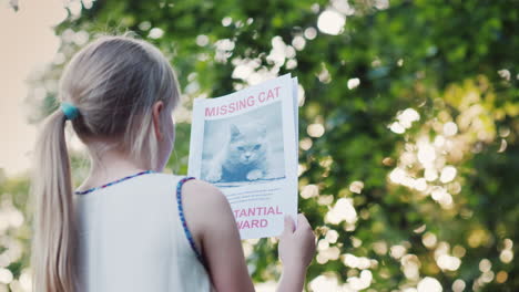 the child is looking for a lost pet stands in the park with the announcement of the loss of a cat