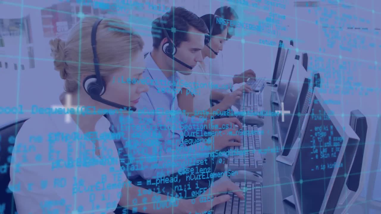 animación del procesamiento de datos sobre personas de negocios que usan auriculares telefónicos