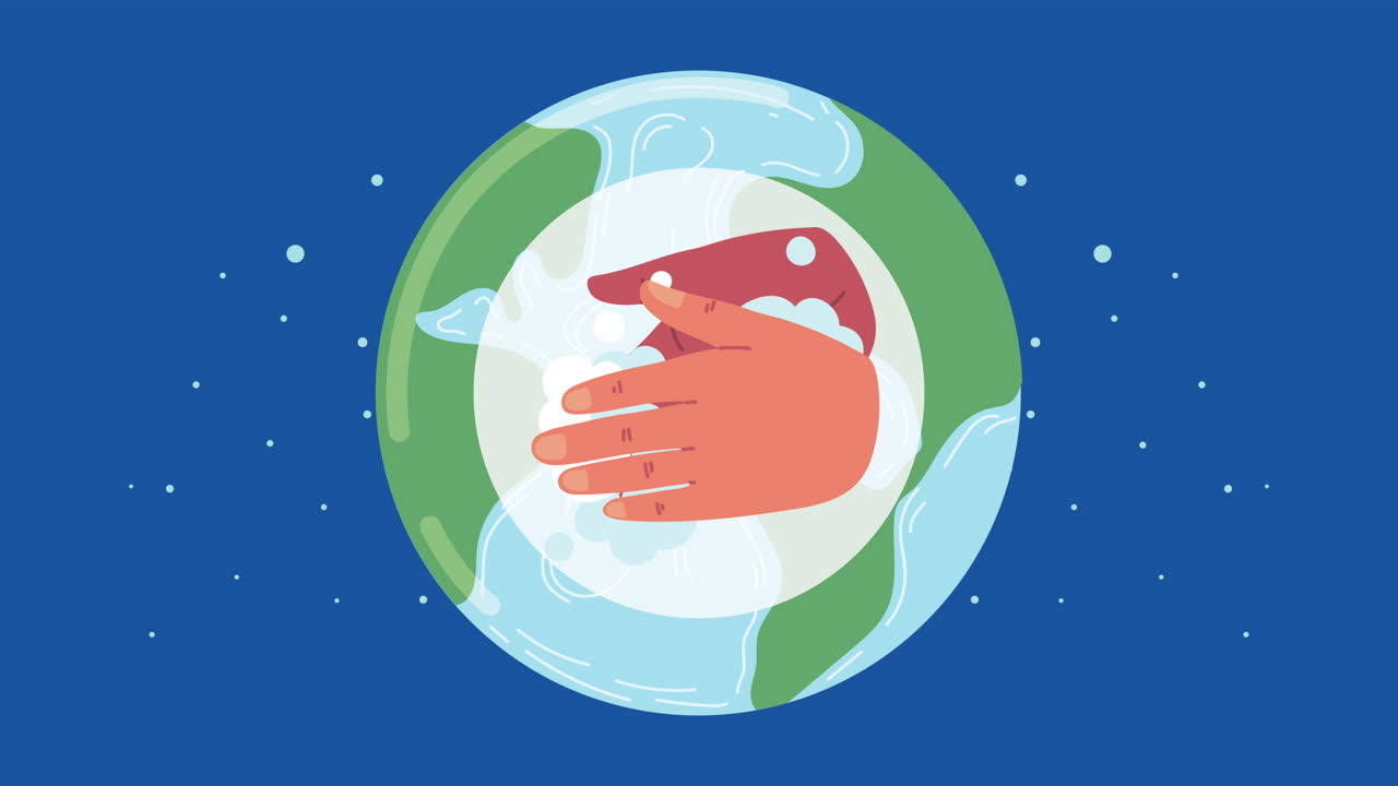 animación del día mundial del lavado de manos con manos y planeta mundial