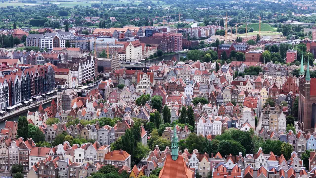 Aerial view of Gdańsk's colorful downtown, showcasing dense, stunning architecture