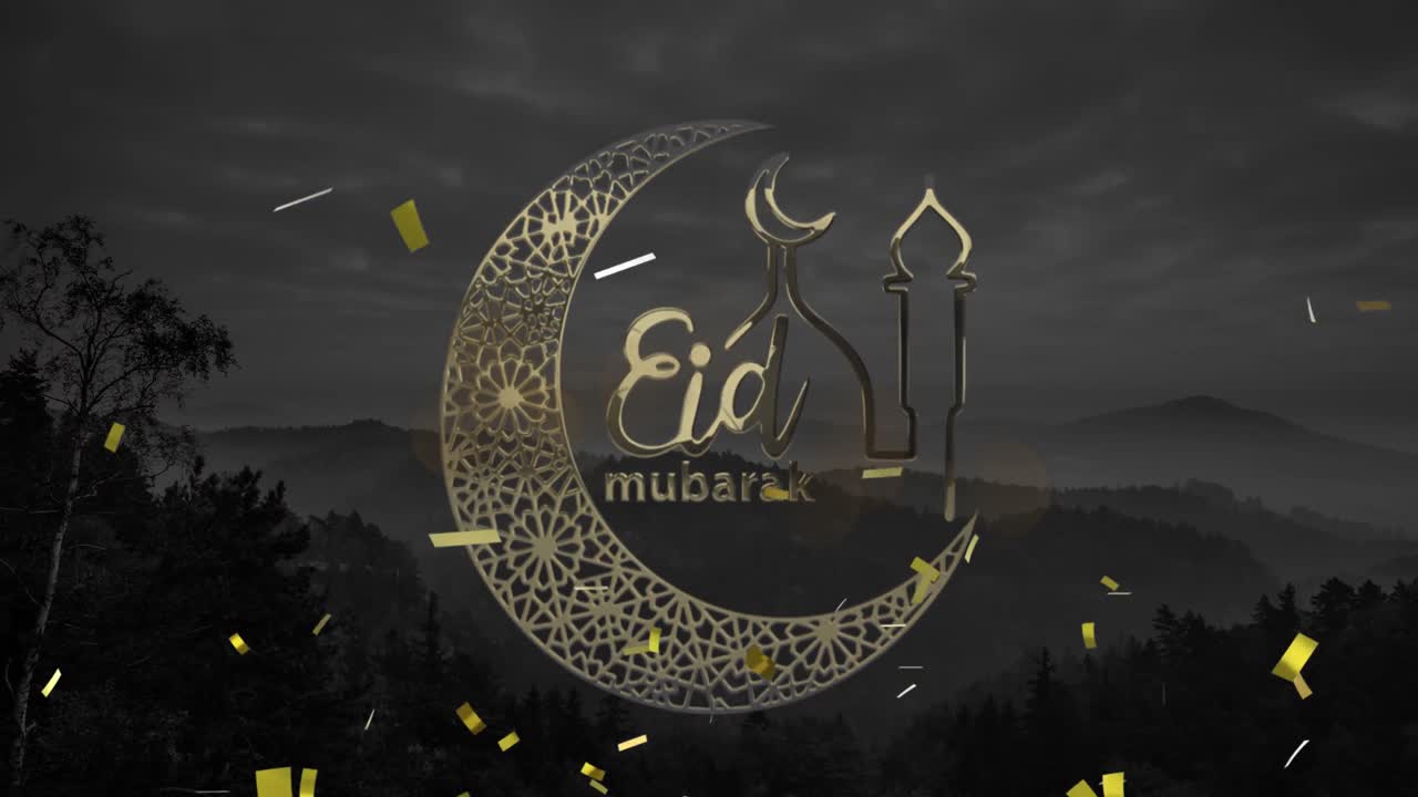 Animazione del testo Eid Mubarak con luna crescente e moschea su sfondo di coriandoli