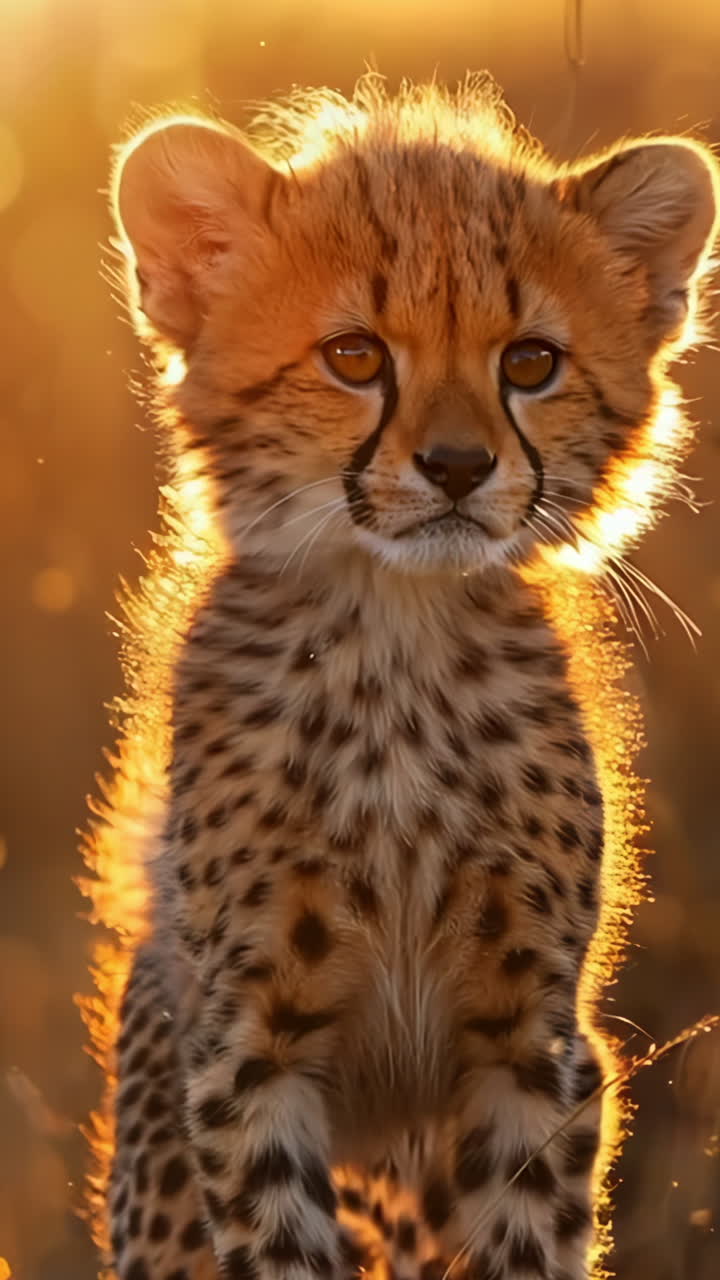 A baby cheetah is standing in tall grass. The baby cheetah is looking at the camera