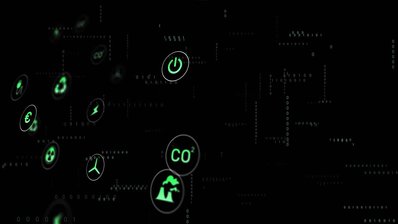 On startup green energy icons drifting to center aligning and dispersing to highlight wind turbine