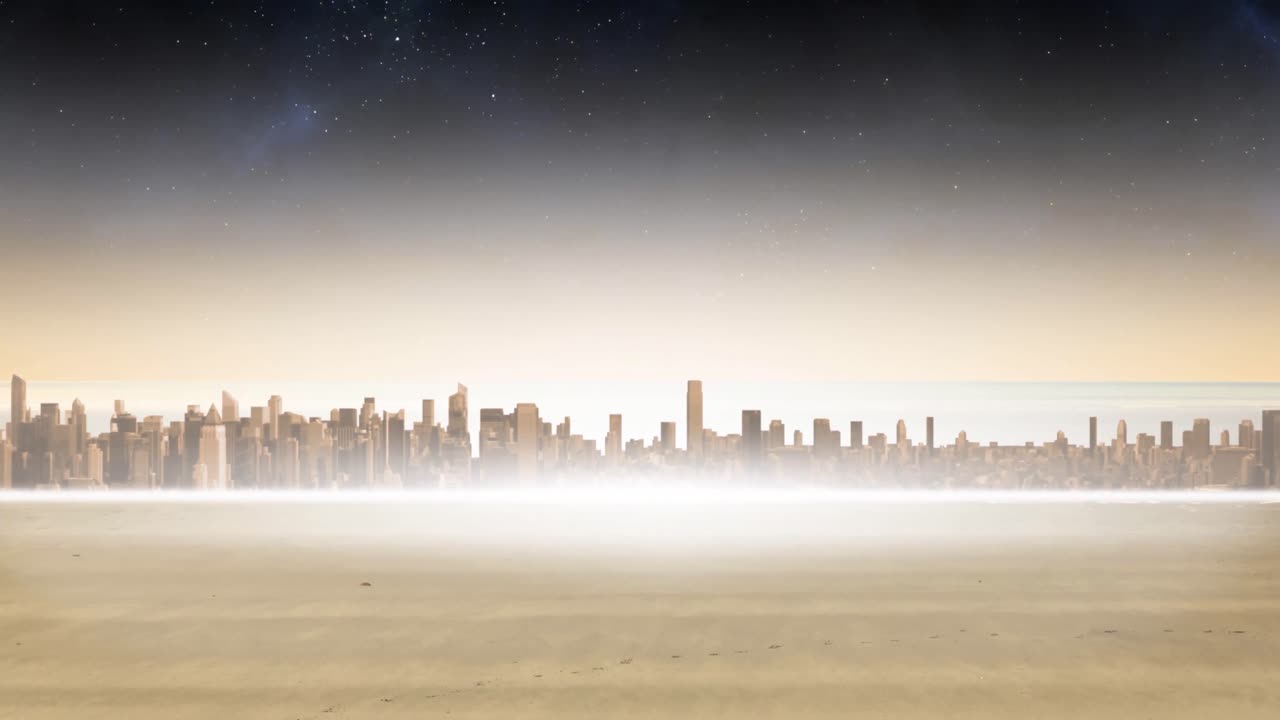 Distant cityscape with modern buildings and smog with stars on night sky