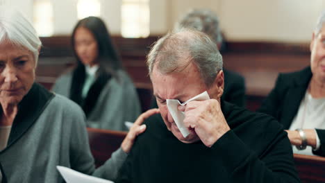 sad, funeral or old man crying in church for god