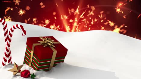 animación de nieve cayendo sobre dulces de navidad y presente en fondo rojo
