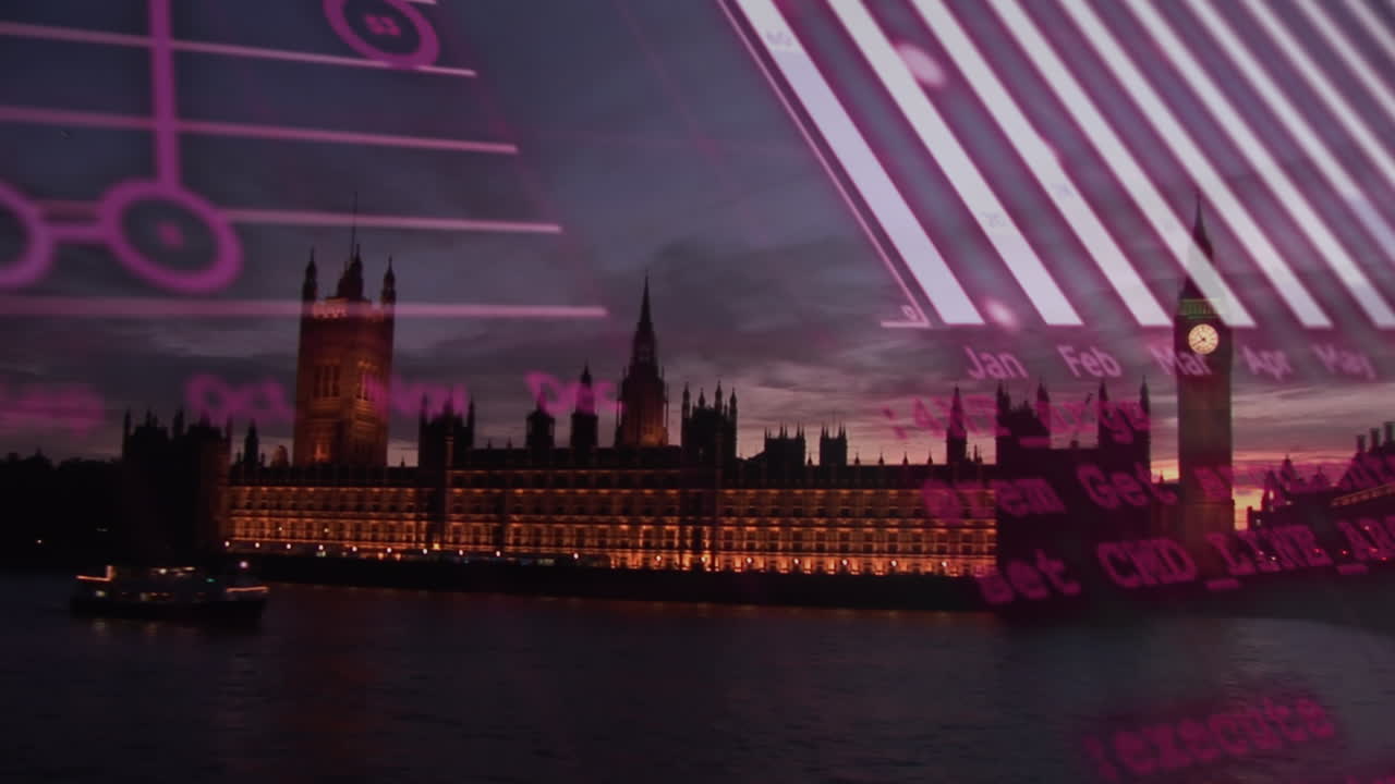 런던 시내 풍경 위의 데이터 처리 애니메이션