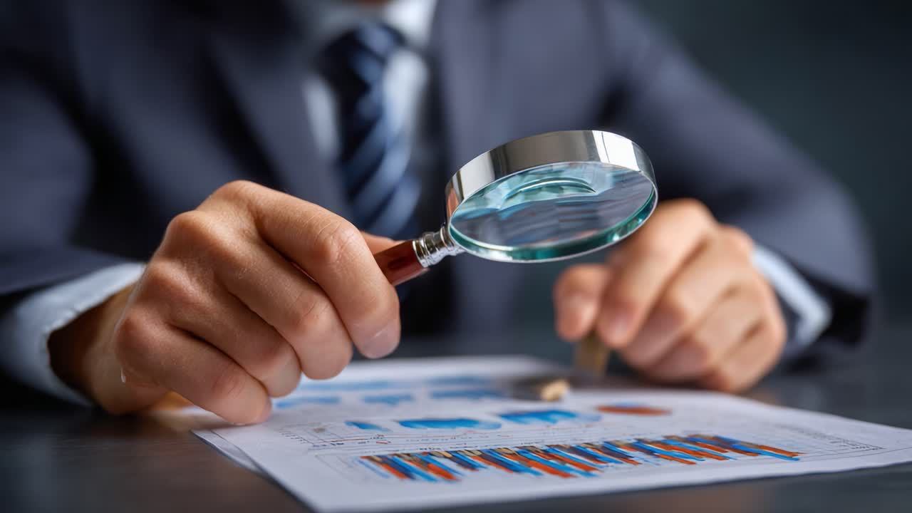 Análisis enfocado: Un profesional examina datos con una lupa para obtener información detallada y tomar decisiones informadas en contextos empresariales o de investigación.