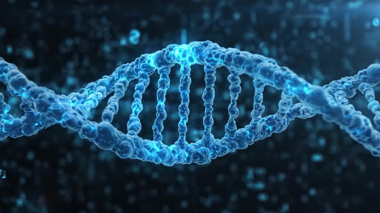 Una visione intricata della struttura del DNA: il codice genetico catturato in un bagliore digitale blu, che evidenzia la bellezza dei mattoni fondamentali della vita