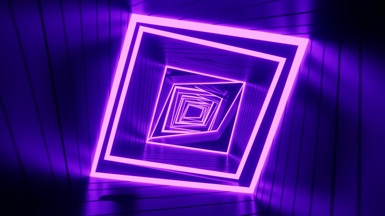 Purple Neon Square Tunnel Spiraling Inward Through Glowing Geometric Frames, Immersive Cyber Atmosphere