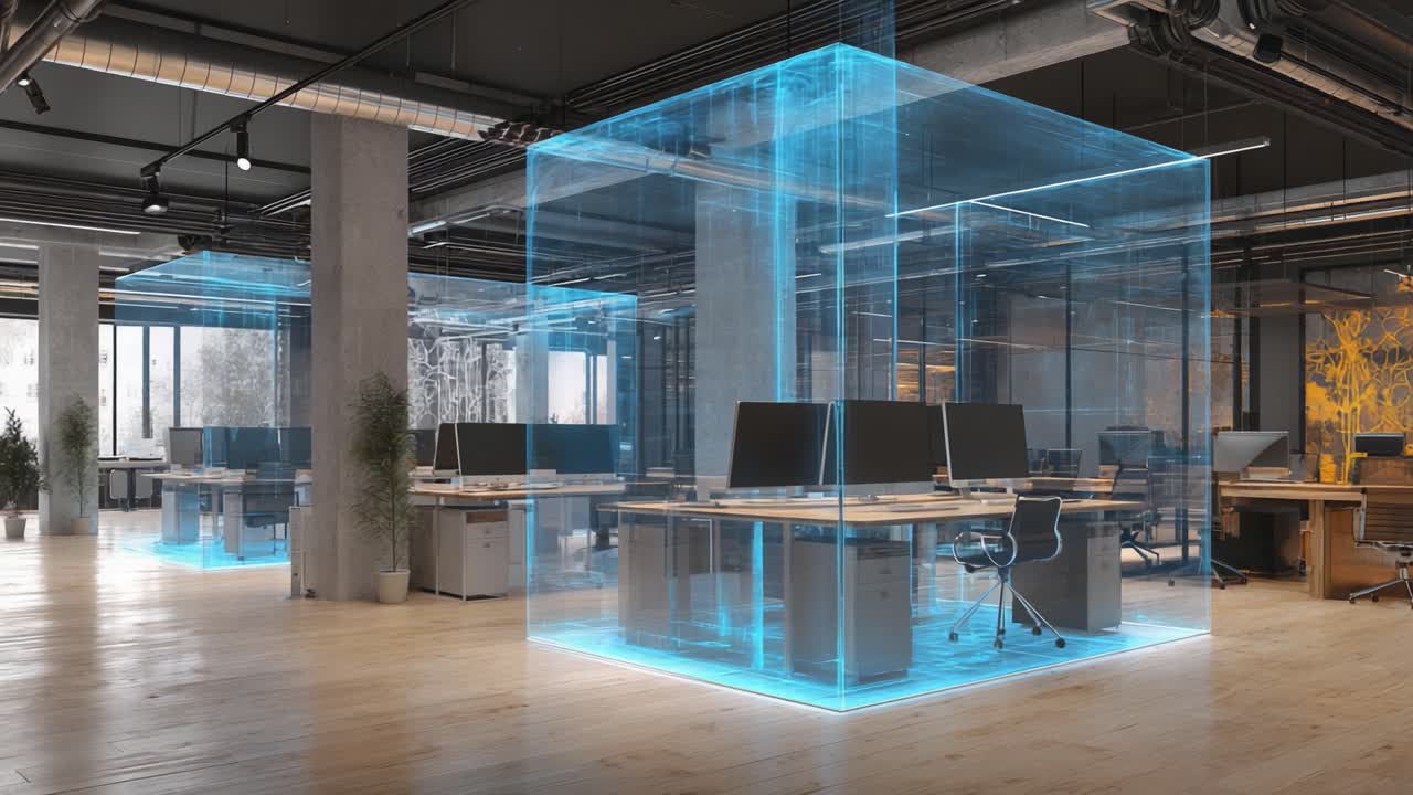 Modern Office Spaces with Transparent Cubicles Showcasing Innovative Work Environments Designed for Collaboration and Focus in a Contemporary Office Setting