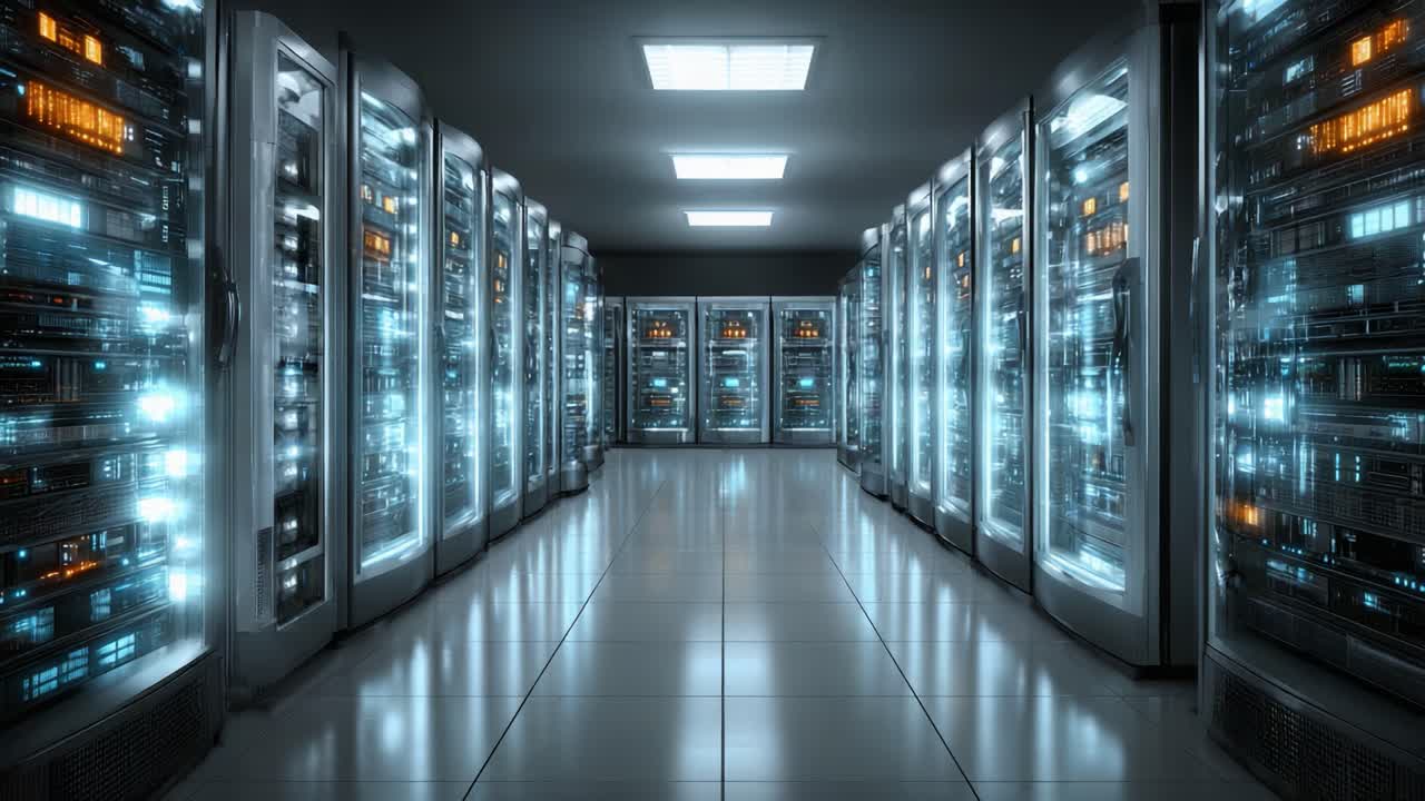 En imponerende visuel rejse gennem et serverrum fyldt med højteknologisk udstyr og oplyste rackservere, der viser fremtiden inden for datalagring og -behandling