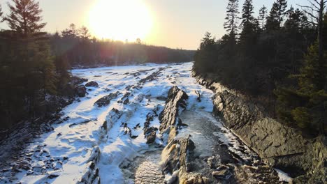 aerial view over the frozen river in the middle of the forest