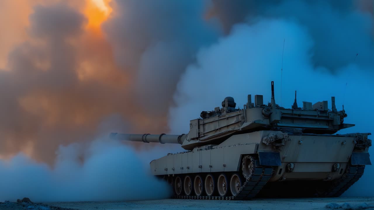 Majestätisk stridsvagn i aktion: En kraftfull uppvisning mitt bland böljande rök och explosivt ljus, som fångar styrkan och kraften i pansarkrigföringstekniker.
