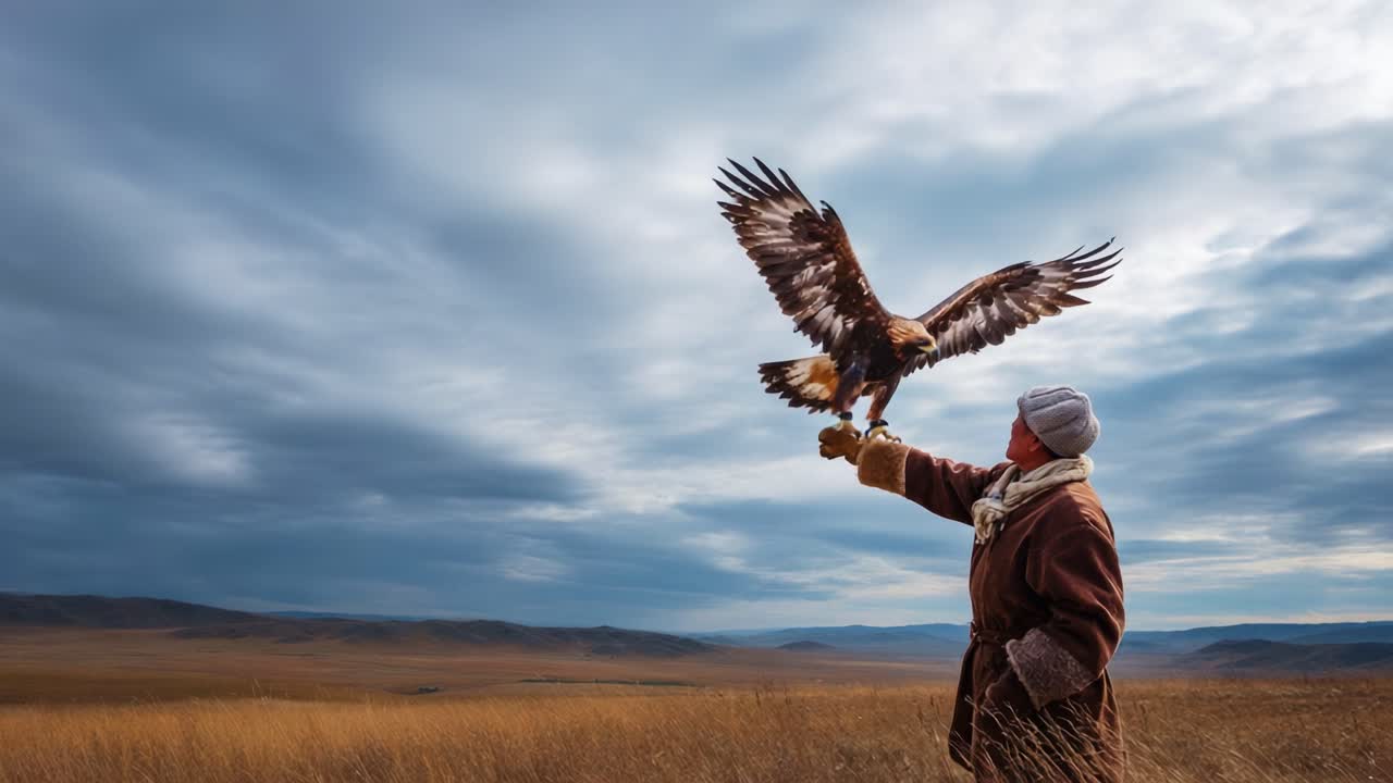 A Majestic Falconer Engaging with a Golden Eagle Against a Dramatic Sky: The Symbolism of Freedom, Nature, and Human Connection with Wildlife in a Vast Landscape