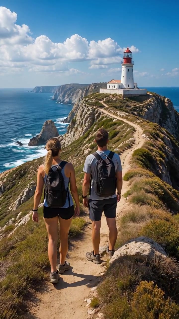 Dos excursionistas caminando por un sendero escénico junto a un acantilado hacia un faro costero