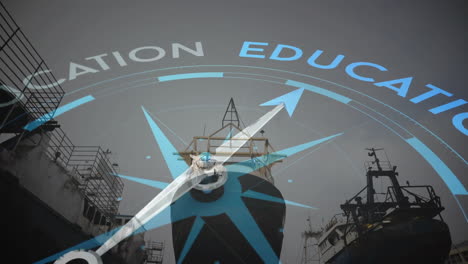 animation of compass spinning and education text over shipyard