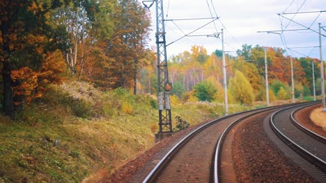 Mirando-Detrás-De-Un-Tren-En-Un-Hermoso-Día-De-Otoño-Mientras-Viaja-Por-El-Ferrocarril-Y-Las-Hojas-De-Otoño-Caen-De-Los-árboles