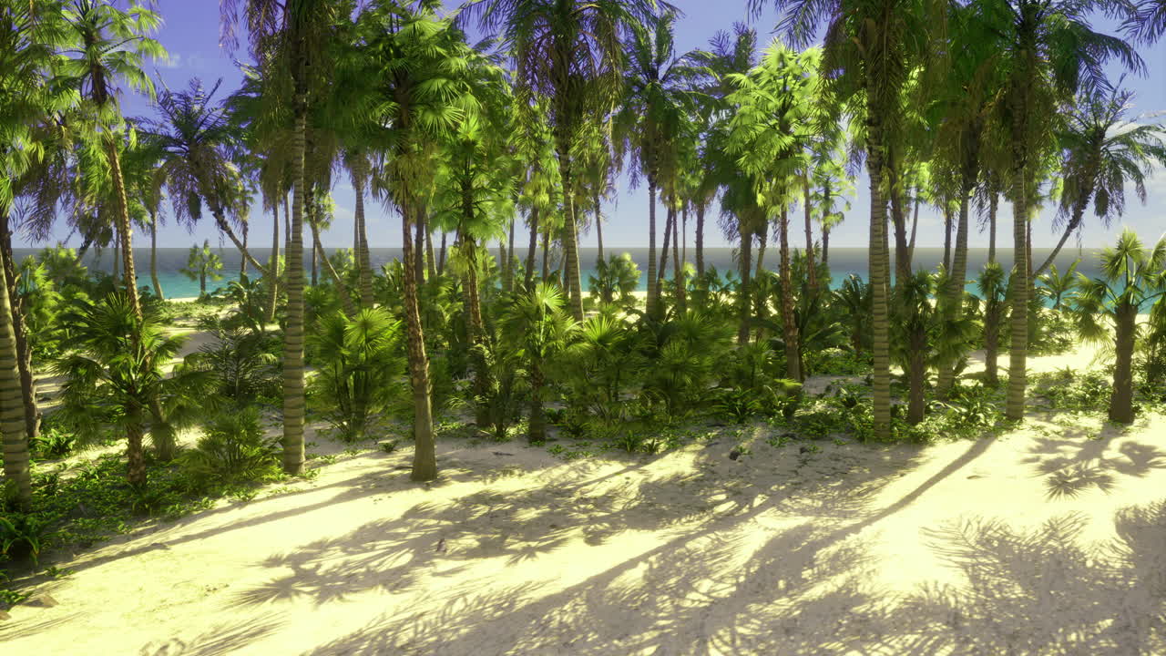 Lush tropical paradise with vibrant foliage and serene ocean background