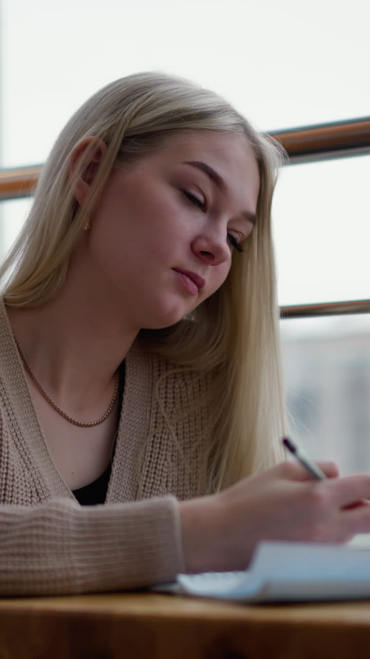 Contemplative student sitting at table, writing thoughtfully with tea cup before her and blurred view of buildings in background, creating a peaceful and studious atmosphere in a cafe