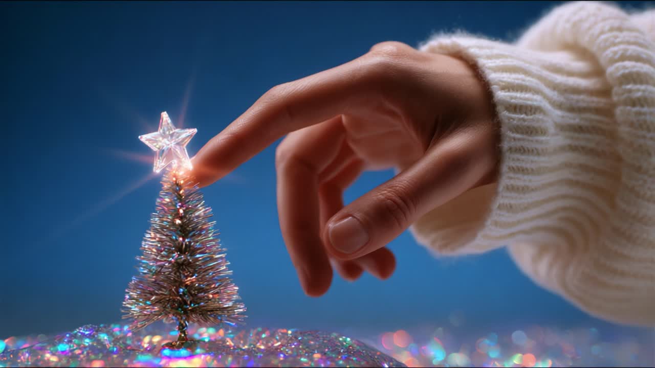 Ilıman ve sıcak bir atmosferde, neşe ve bayramı sembolize eden parıldayan bir Noel ağacının tepesine nazikçe bir el yıldız yerleştiriyor ve bayram coşkusunun özünü, verme ve birliktelik ruhunu yakalıyor