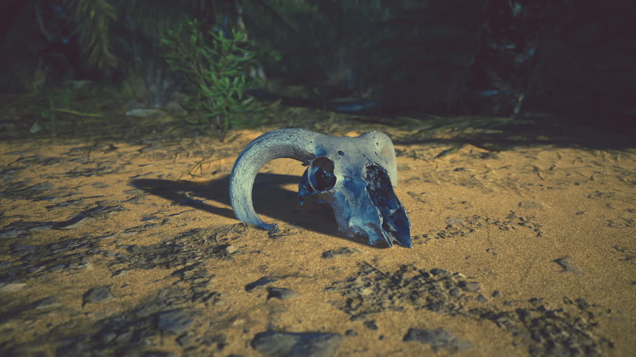 un cráneo de animal está tendido en el suelo