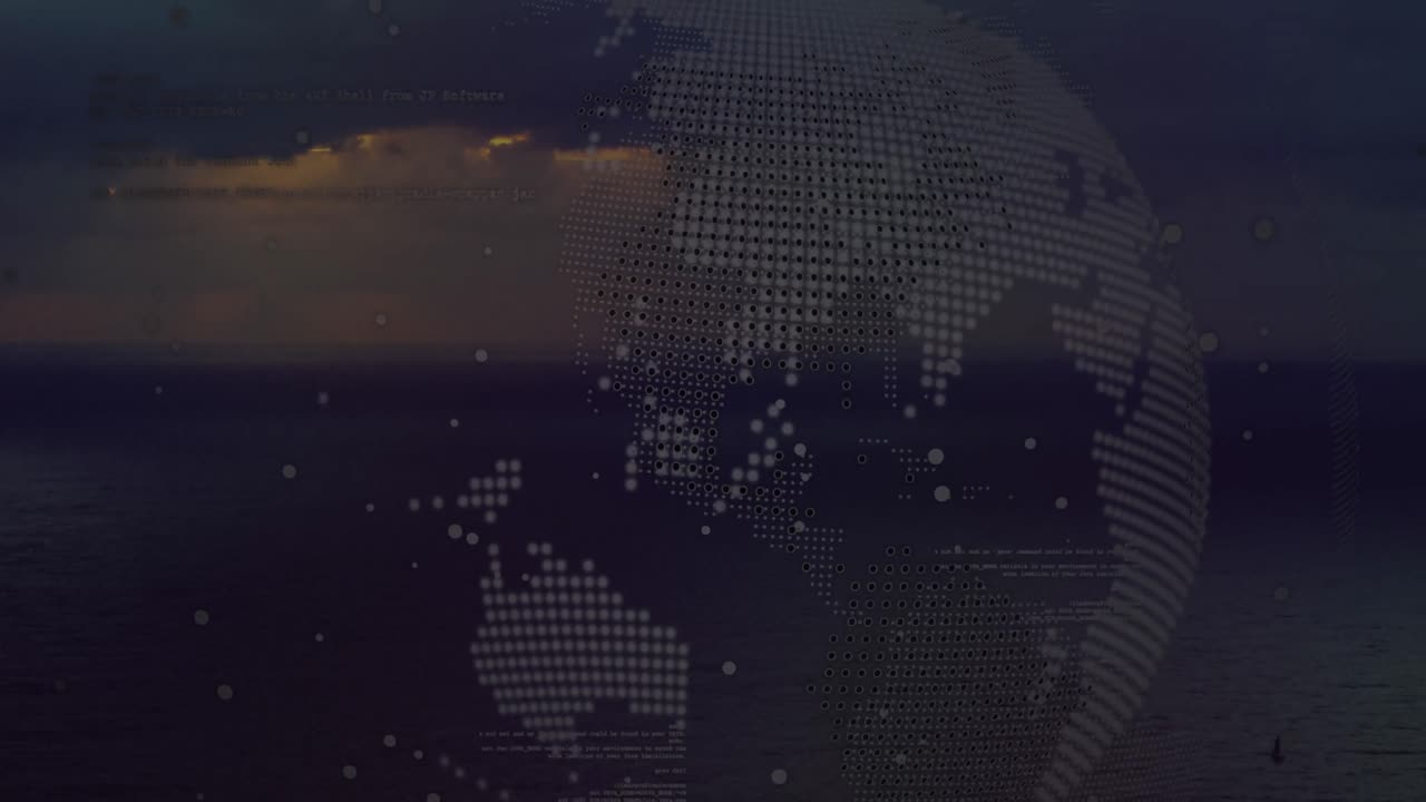 Animation of globe and financial data processing over cityscape