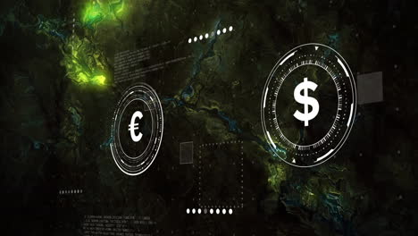 currency exchange symbols animation over abstract green and black background