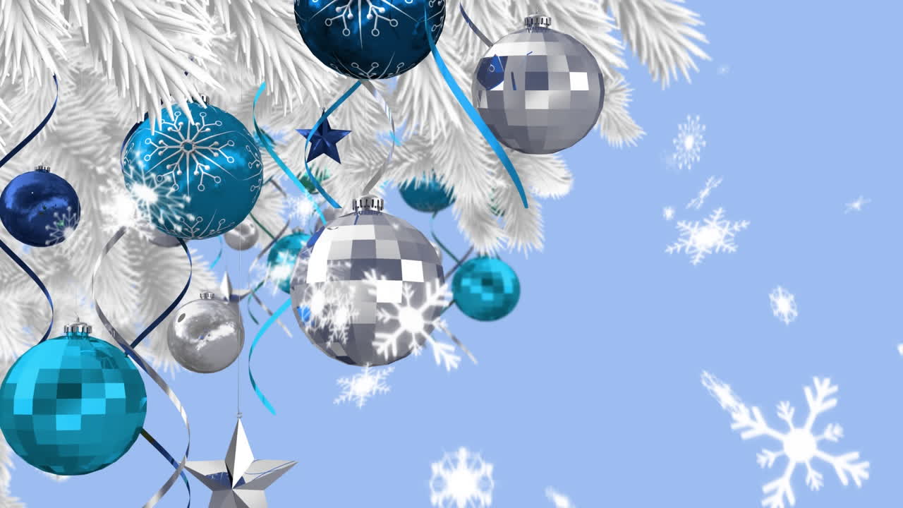 animación digital de adornos navideños y decoraciones de estrellas colgando en el árbol de navidad