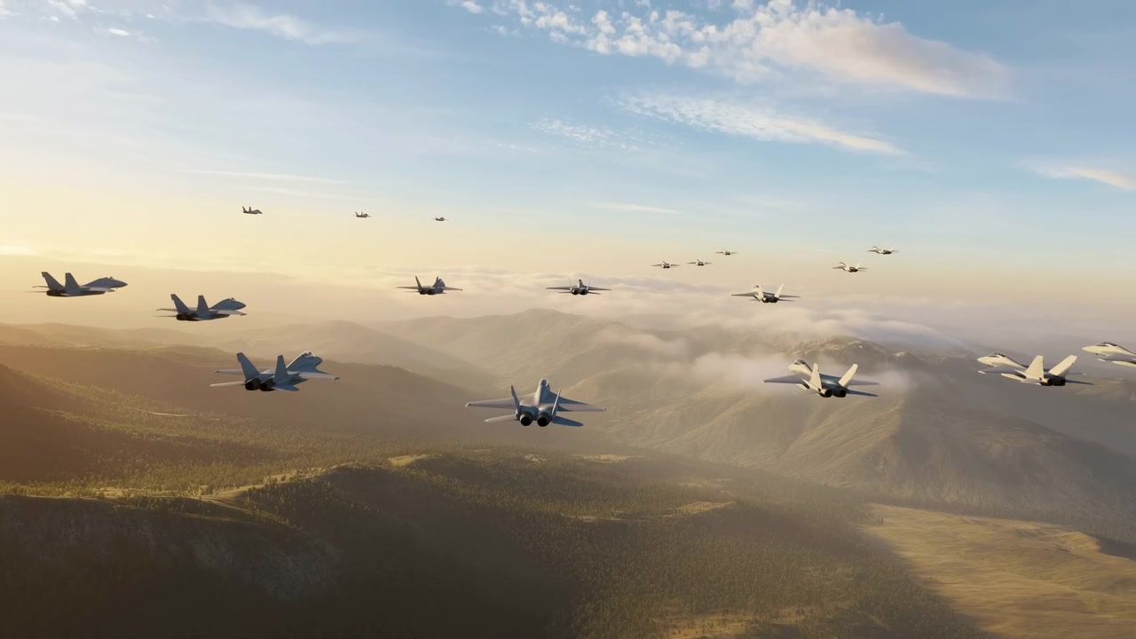 Multiple fighter jets fly in formation above a wide cloud layer, with warm golden light and a hazy horizon creating a dramatic aerial scene