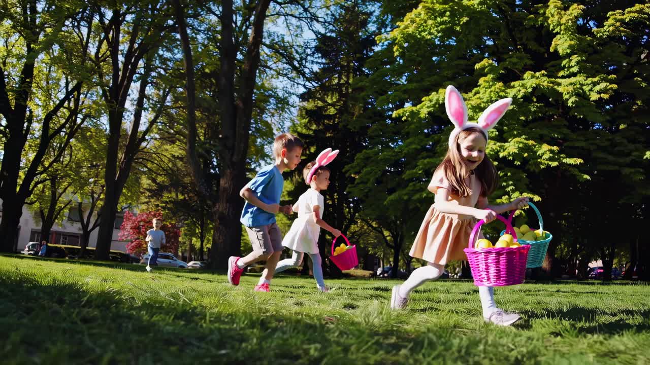 日差しが降り注ぐ公園で、うさぎの耳をつけた子供たちがバスケットを持って走るローアングル動画