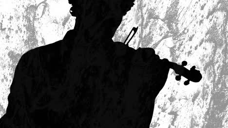 Animation-of-gray-and-white-shapes-moving-over-silhouette-of-man-playing-violin