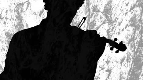 animation of gray and white shapes moving over silhouette of man playing violin