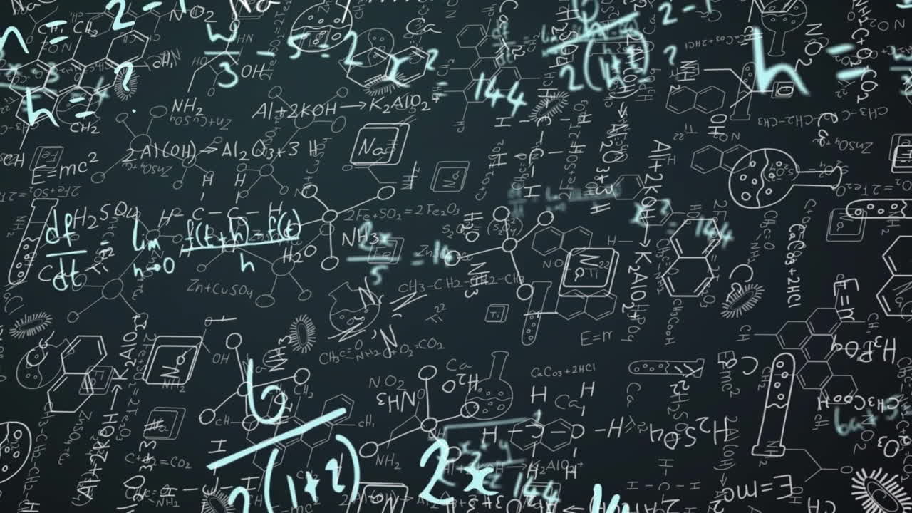 animación de dibujos médicos, ecuaciones matemáticas y diagramas en la pizarra