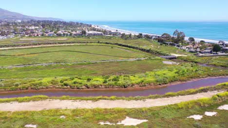 aerial marsh wetlands with ocean and beach area near carpinteria santa barbara california