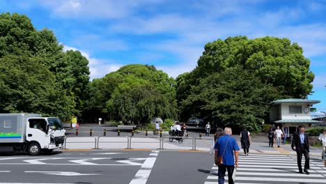 people crossing the street in a park in japan