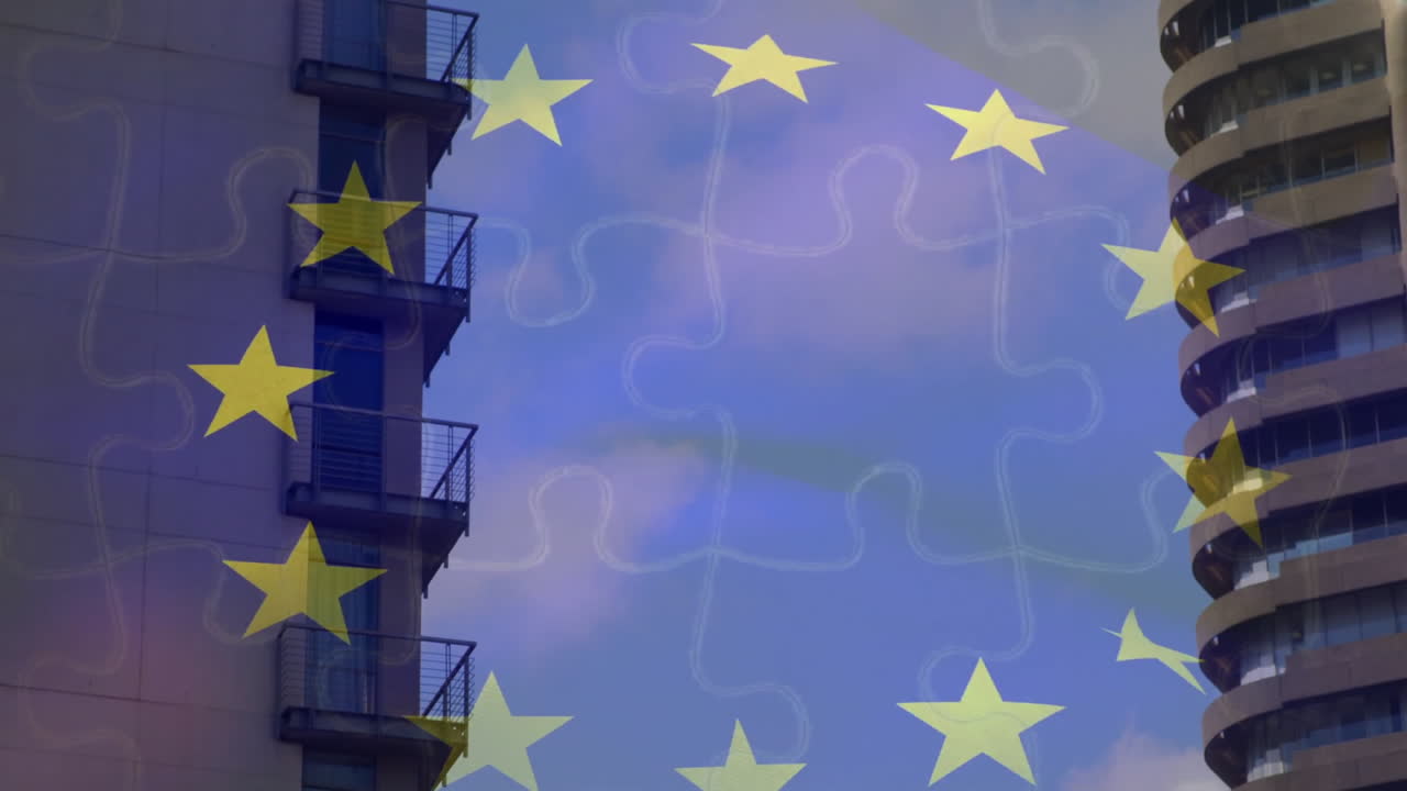 High-rise towers framing sky overlaying EU flag stars and jigsaw puzzle outlines in flat design