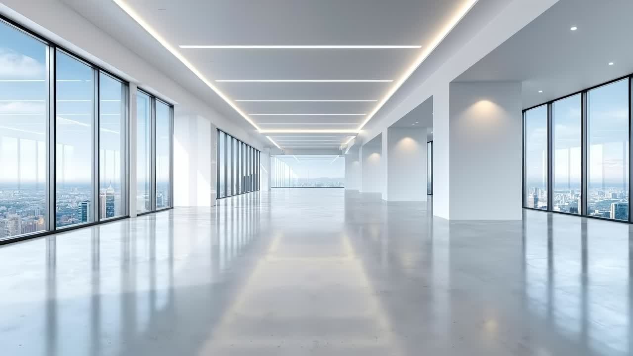A long empty room with large windows and a view of the city